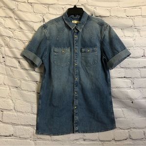 All Saints Ilford Denim Snap Button Short Sleeves Shirt Size Medium 100% Cotton